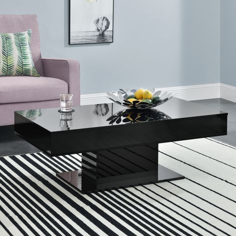 [En.Casa] – Table basse relevable noir brillant 40 x 110 x 60 cm – Plateau coulissant avec 2 compartiments de rangement – Panneau de particules mélaminé