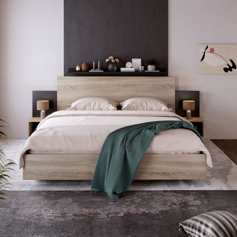 DESVIAE Lit double 160 x 200 cm avec 2 tables de chevet intégrées en bois massif sonoma chêne et gris foncé (1/5)