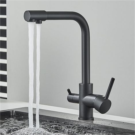 3-Wege-Küchenarmatur, Doppelschrauben-Trinkwasserhahn, 3-in-1-Durchgangsloch, 360° drehbares Rührwerk mit 2 Ausgängen, SUS304-Edelstahl, mattschwarz (1/5)