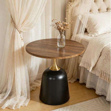 Table d’appoint ronde style nordique, piètement métal stable, finition mélamine noyer et noir (1/5)