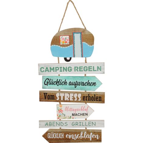 Dekoschild mit Camping Regeln - 62 x 35 cm - Deko Plankenschild zum aufhängen - Türschild Wanddeko Holzschild Spruch Tafel Richtungsweiser Wegweiser
