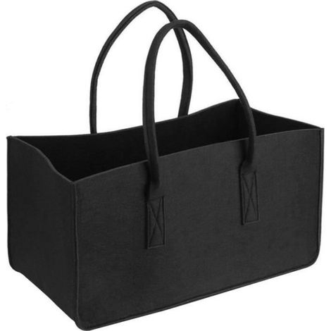 1 Sac de rangement, Grand panier en feutre pliable, Robuste poignées solides, Noir 50x25x25cm, Intérieur stockage bois (1/4)