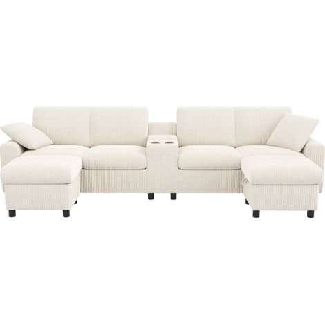 Sofá modular en U de terciopelo beige con 2 pufs con almacenaje, toma y USB (1/5)