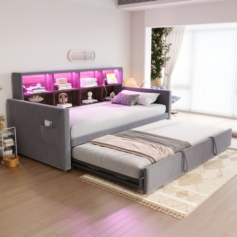 Polsterbett Schlafsofa 90x190 cm mit ausziehbarem Gästebett, Stauraum im Holzkopfteil, LED-Beleuchtung und USB-Anschluss, Samt Dunkelgrau (1/5)