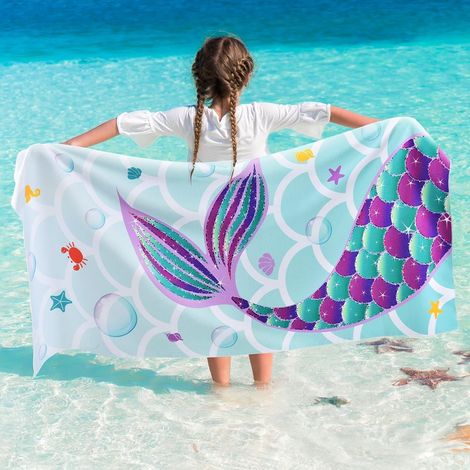 Serviette de Plage Sirène - 76 x 150cm Queue de Sirène Polyester Serviettes de Camping pour Filles Enfants Séchage Rapide Ultra Absorbant Super Doux Couverture de Plage Piscine Natation (1/5)