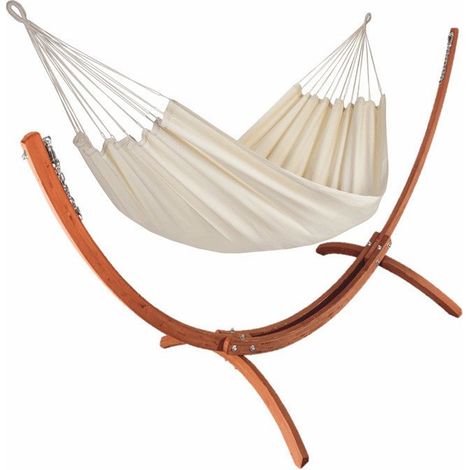 Set hamac traditionnel coloris Écru + support bois - Set weekend - 340x140cm
