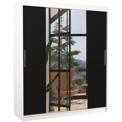 Armoire de chambre à coucher blanche 2 portes coulissantes noir et miroir Dally 180cm (1/5)