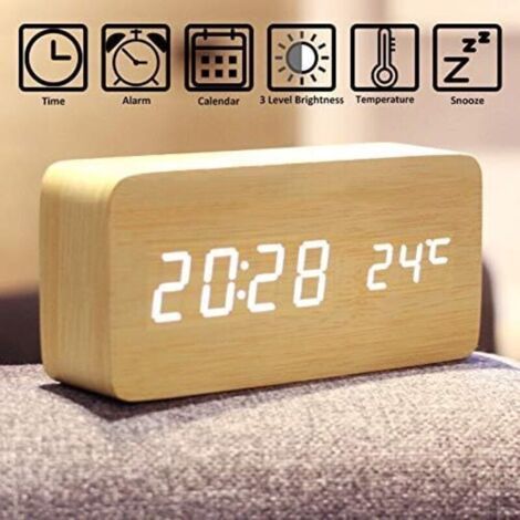ALLIANDISHorloge Numérique en Bois - Réveil à LED Multifonctions avec Affichage De L'heure / De La Date / De La Température Et Commande Vocale pour Le Voyage à Domicile (1/5)