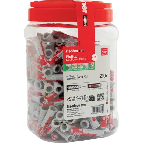Fischer – Cheville pour support plein 570550 – Lot de 210 chevilles 50 mm – Polyamide pour béton armé – Vissage facile sans rotation