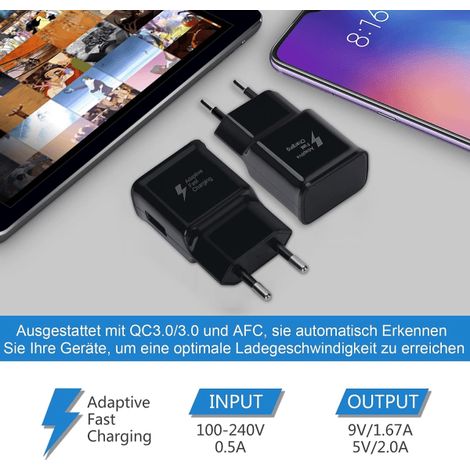 Chargeurs compatibles noirs (lot de 2) - Adaptateur de charge rapide USB compatible avec Samsung S22/S21/S20/S10/S10E/S6/S7/S8/S9/Edge/Plus/Active/A72/A53 5G, Note 5/8, Note 9 (1/2)