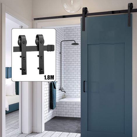 Sliding Door Track, Stainless Steel Sliding Wood Door Hardware Closet Kit for Single Door Heavy Duty (Black) 5.9FT