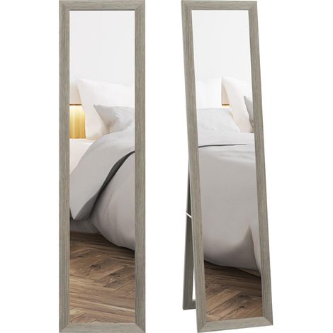 Miroir sur pied moderne avec cadre et support, bois et verre, 37 x 40 x 155 cm, gris
