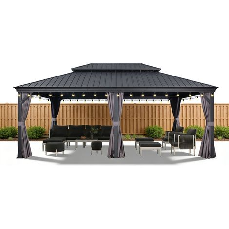 Purple Leaf Pergola tonnelle aluminium 6 x 4,25 m, double toit acier galvanisé, moustiquaire 260 g/m², rideaux, gouttière intégrée, poteaux renforcés, gris anthracite, avec LED intégré