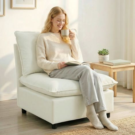 Fauteuil de salon, canapé 1 place moderne sans accoudoirs avec assise large, coussins épais, 146x85x78cm, crème