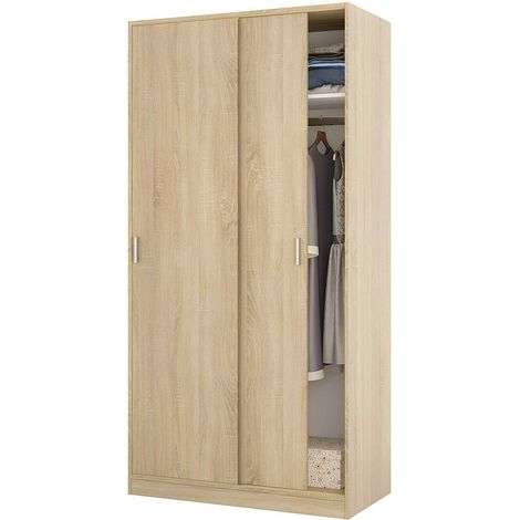 Armoire à penderie Robuste Multi-Usage avec 1 étagère, 2 Portes coulissantes et 1 Porte-Manteau pour Chambre à Coucher, décoration 200 x 100 x 50 cm, Couleur chêne (1/5)