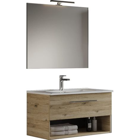 MaMa Store GEA2 60 - Mobile Bagno Sospeso 60 CM Cassetto e Vano a Giorno Bianco Lucido Laccato con Lavabo, Specchio e Lampada LED, L.62 X P.46 X H.45 cm (1/3)
