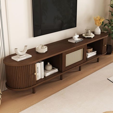 Support TV ovale en noyer foncé, design rotin - 180 cm design MDF, pieds réglables (1/5)