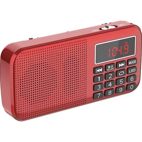 Radio FM portable avec batterie rechargeable haute capacité intégrée (2400 mAh). Rouge. (1/5)