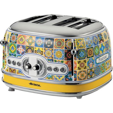 Ariete 561/1 Positano 4 Slice Toaster, Vintage Italian Tile Design, Defrost & 6 Toasting Functions