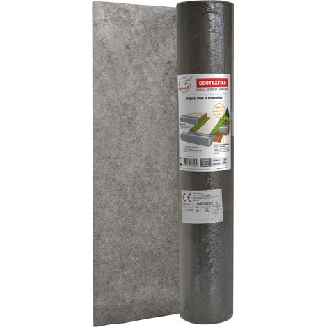 Rouleau Géotextile en Maille Anti Mauvaises Herbes Jardibric Polypropylène 2 x 25 mètres 100 GR/m² empêche le mélange du terrain naturel avec le sable ou les graviers de vos allées de jardin (1/3)