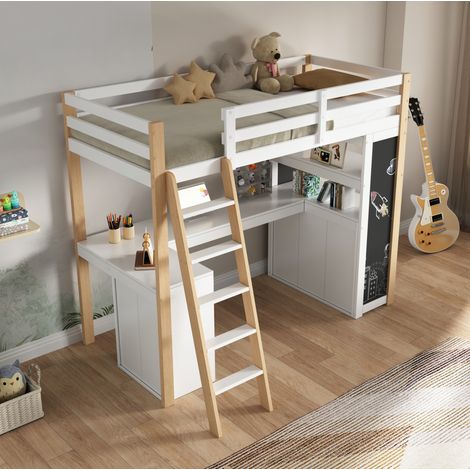 Cama Alta 90x200 Cm Escritorio Y Almacén Integrados Madera Natural Y Blanco (1/5)