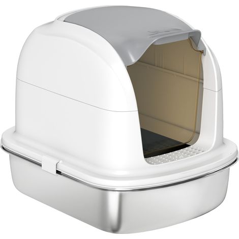 Bandeja de arena para gatos acero inoxidable XL con tapa abatible, entrada superior, laterales altos, pala, blanco