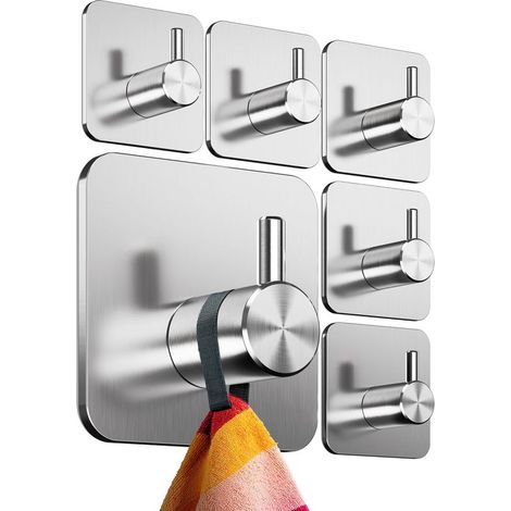 Selbstklebende Wandhaken – 6 Stück, Handtuchhalter für Bad und Küche, Geschirrtuchhaken, selbstklebende Garderobe aus Edelstahl, Silber (1/5)