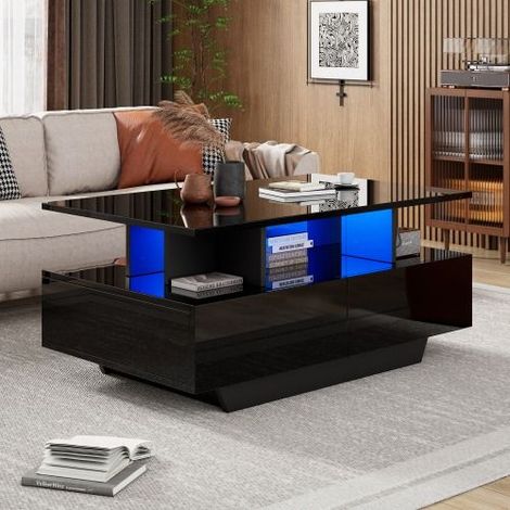 Table basse noire brillante avec éclairage LED, 2 tiroirs et rangement, meuble salon moderne 90x55x41 cm (1/5)