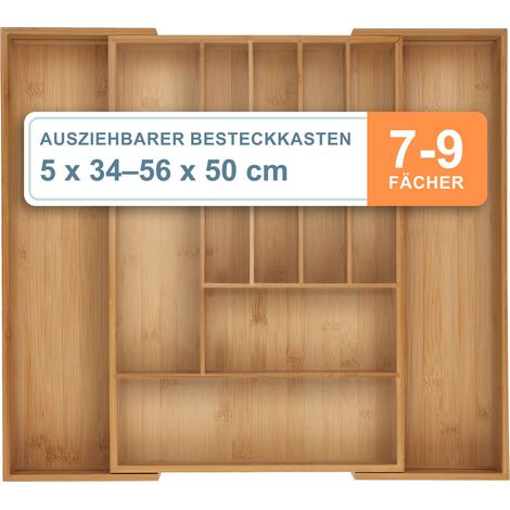 Relaxdays Besteckkasten, 7–9 Fächer, ausziehbarer Besteck Schubladeneinsatz, HxBxT: 6 x 34-56 x 50 cm, Bambus, natur