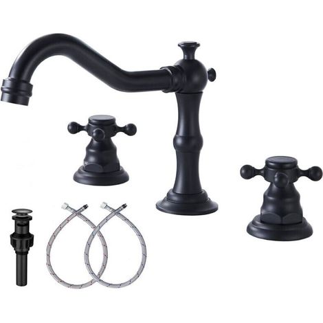 Robinet de salle de bain noir Faucets Lavabo de salle de bain 2 poignées 3 trous Robinet de salle de bain largement répandu de 8 pouces avec ensemble de vidange et tuyau