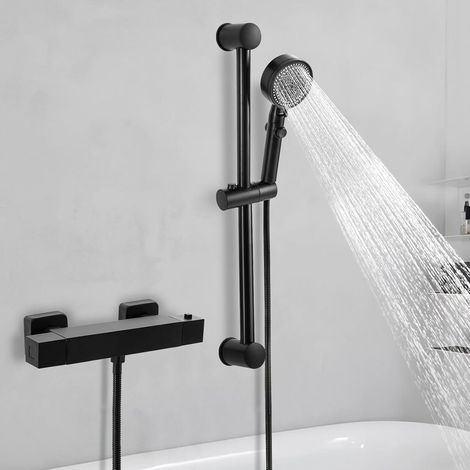 Ensemble de douche moderne à batterie hybride noire, système de douche avec thermostat et douche à main, température constante de 38°c (1/5)