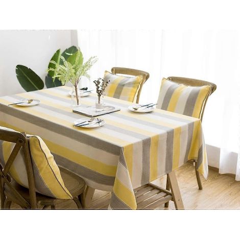 Nappe à rayures jaunes et grises, mélange coton et lin, pour la cuisine, les repas et l'extérieur, 135 x 218 cm (1/4)