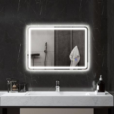 LED-Badspiegel 50 x 70 cm mit Beleuchtung, Bluetooth-Musikfunktion, Touchschalter, Memory-Funktion, beschlagfrei, 3 Lichtfarben, Silber