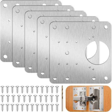 Kit di riparazione per cerniere di armadietti, composto da 6 pezzi, piastra di riparazione per cerniere di ante di cucine con fori, in acciaio inossidabile, per mobili in legno. (1/5)