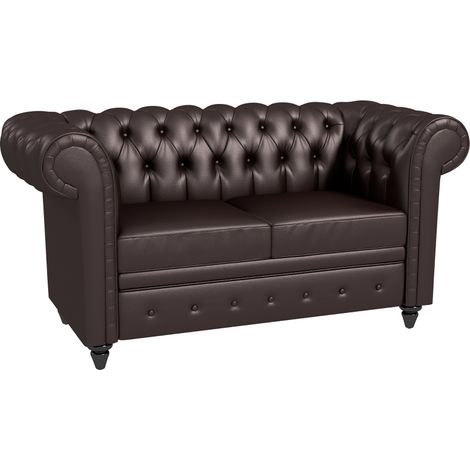 Divano 2 Posti stile Chesterfield con Cuscino Rimovibile, in Ecopelle, Legno e Metallo, 160x84x80 cm, Marrone (1/5)