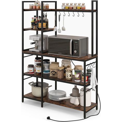 GOPLUS Étagère Rangement Cuisine avec 5 Niveaux et 10 Crochets, Étagère pour Micro-Ondes avec Station de Charge, Prise, USB & Type C, 6 Pieds Réglables, Style Industriel, 107 x 37 x 160 cm (1/5)
