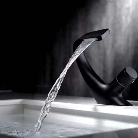 Robinet Lavabo Noir-Mitigeur de Salle de Bain-Robinet Cascade pour Vasque Solide-Robinetterie de Super Qualité（Noir）A (1/3)