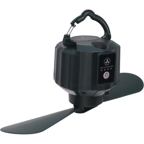Ventilateur de plafond sans fil vert, petit modèle, USB, 10400 mAh, rechargeable, avec télécommande et éclairage LED, idéal pour le camping et les activités de plein air. (1/5)