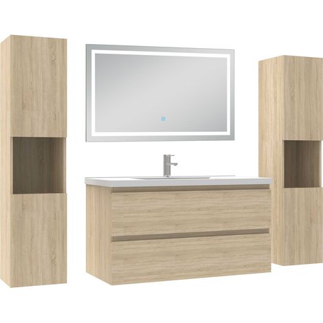 Aica Ensemble meubles Salle de Bain 100cm avec Colonne + Miroir Lumineux 3 Couleurs et Dimmable Chêne Naturel