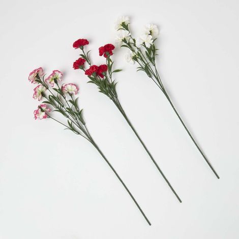 HOMESCAPES Artificial Carnation Spray Single Stem Set of 3, 55cm (1/5)