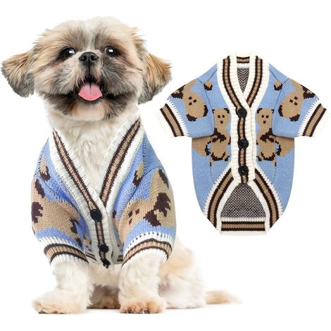 Gilet en maille pour petits et moyens chiens/chats - Motif ours mignon, veste d'automne douce et chaude pour chiots et chatons mâles et femelles, bleu, taille S (1/5)