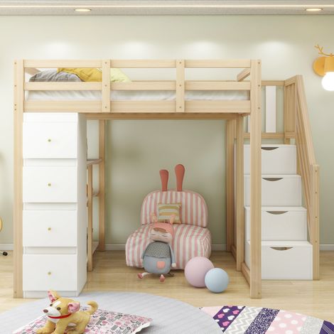 Lit mezzanine, en bois, avec tiroir, avec étagères, bois naturel, 140 x 200 cm, pour maison et usage quotidien, tiroir rangement + commode étagères
