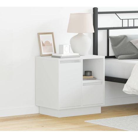 Table de chevet blanc avec éclairage LED USB, 1 porte, bois d’ingénierie, 50 x 34,5 x 50 cm - PANGIVO (1/5)