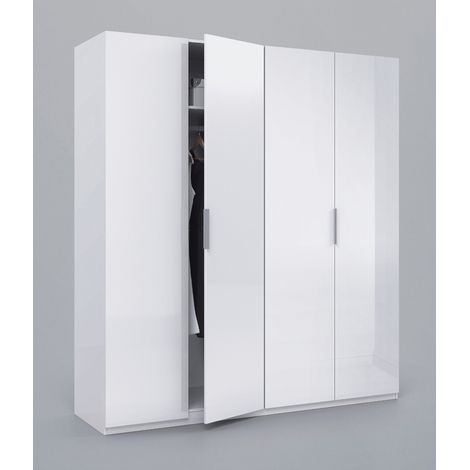 Pegane – Armoire blanche en mélamine 4 portes – Dimensions H200 x L180 x P52 cm – Barre de suspension et étagères incluses (1/5)