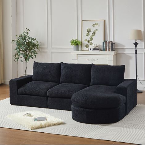 Modulares Chenille-Sofa schwarz aus Chenille mit Chaiselongue, 4 Modulen und Kissen, ohne Montage (1/5)