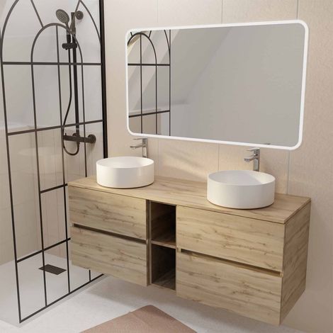 Mobile da Bagno 140 TIMBER Effetto Rovere - 4 Cassetti e Modulo - Lavabi Bianchi - Specchio LED 120x70