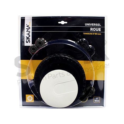 Rueda universal de ø 180 mm. Con embellecedor y juego de aros. Para diámetro de eje: 8, 10 o 12 mm.