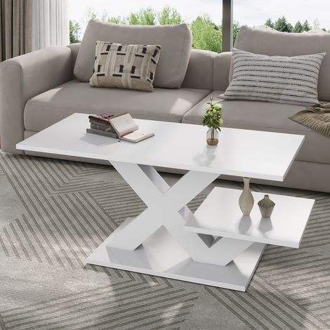 Table basse blanche laquée brillante, double étagère, meuble d'appoint rectangulaire en MDF, pieds croisés en X, charge 10 kg, 100 x 48 x 45 cm, table console de salon. (1/5)
