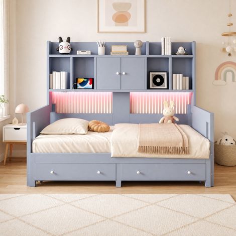 Sofa cama extensible 90x190 cm gris de madera, 2 cajones y almacenaje (1/5)