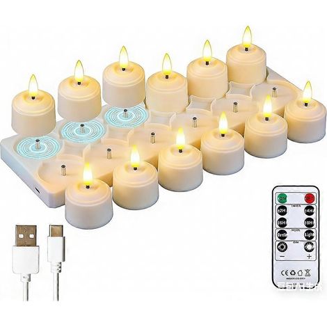 Ensemble de 12 bougies chauffe-plat LED rechargeables avec télécommande, station de charge, minuterie et bougies votives en plastique sans flamme à effet vacillant. (1/5)